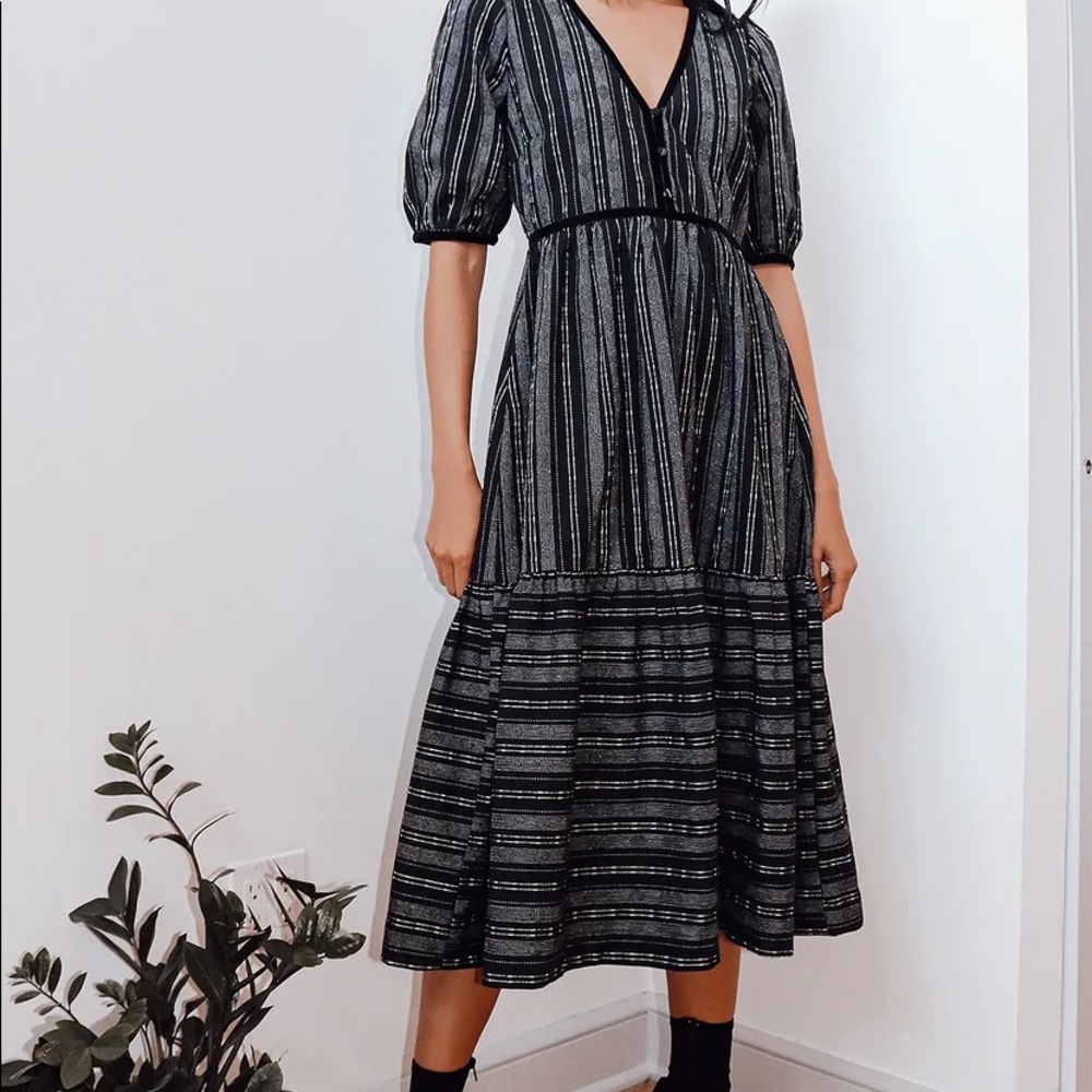 Black Striped Button-Front Midi Dress